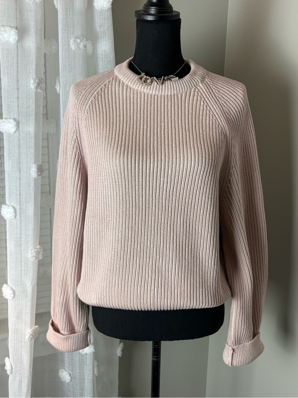White + Warren Ribbed Crewneck 100% Organic Cotton Sweater in Pale Blush Medium
